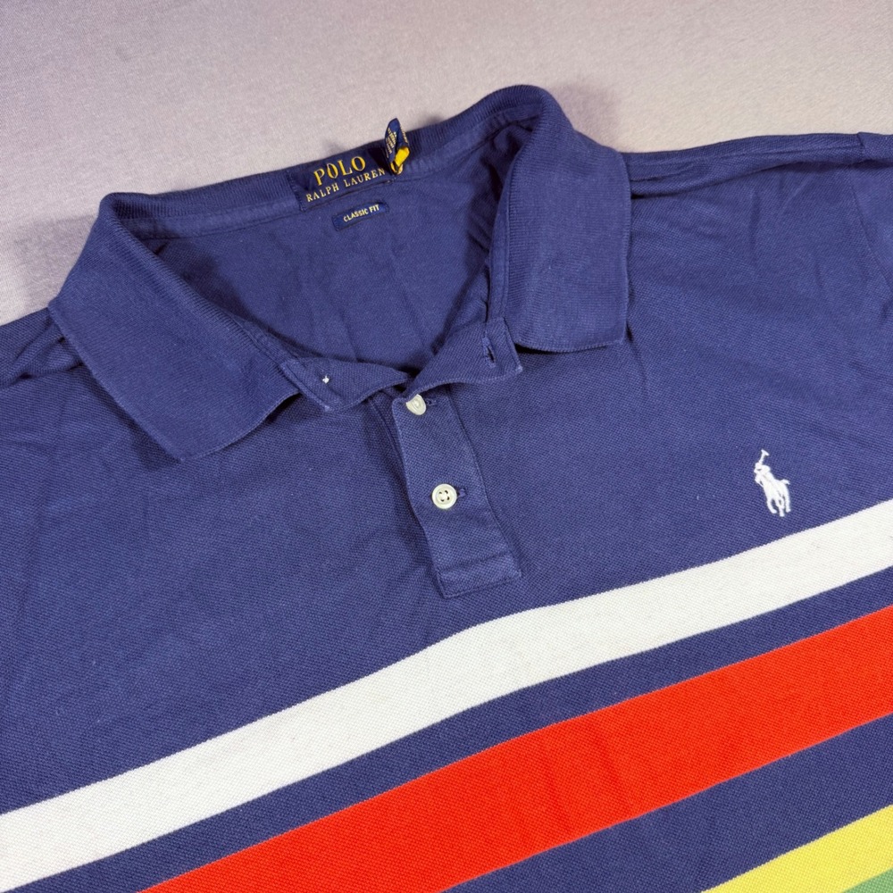 Polo Ralph Lauren Mens XXL Classic Fit Striped Short Sleeve Polo Shirt Navy Blue